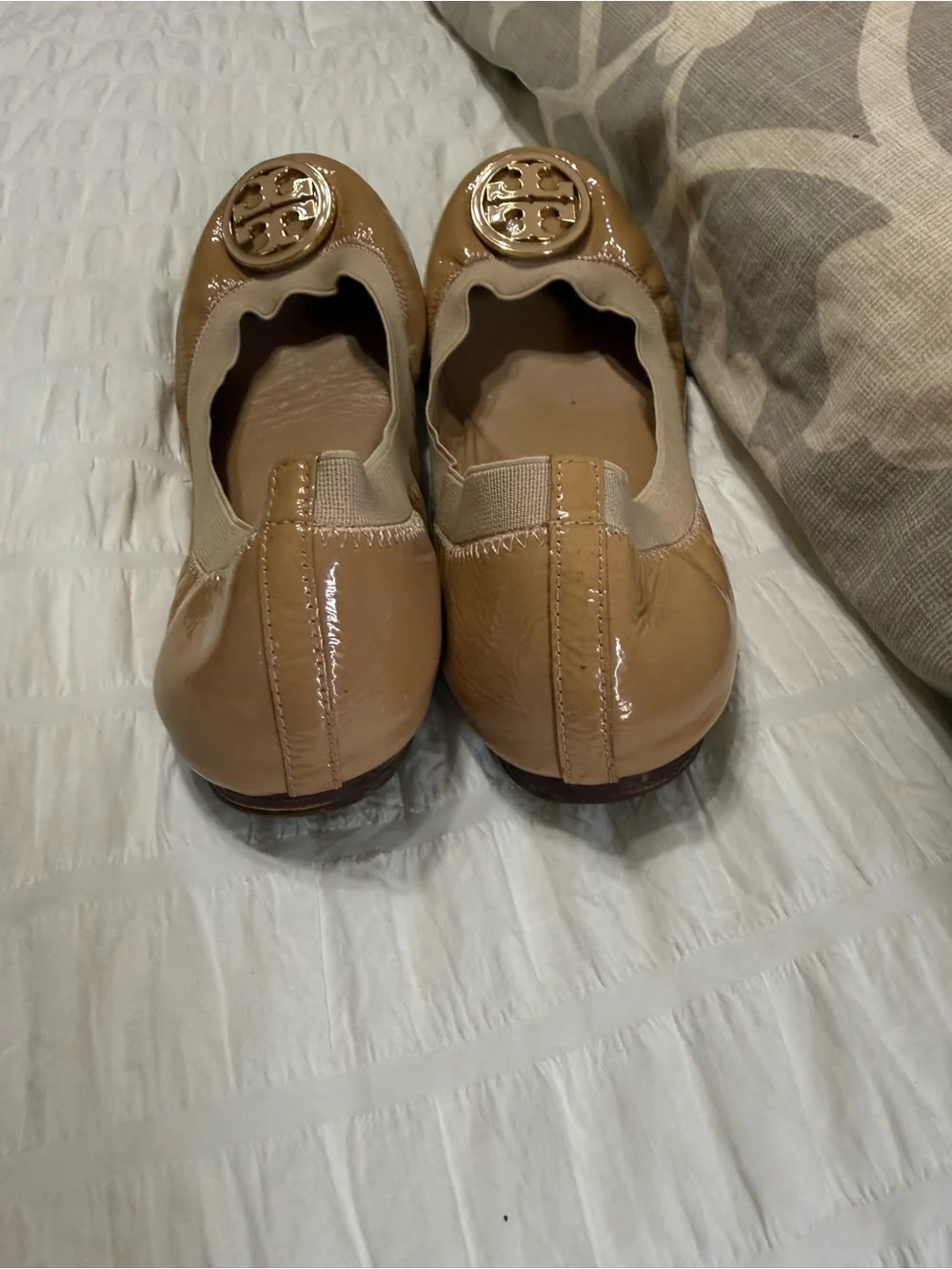 Tory Burch Nude Tan Patent Logo Ballet Flats